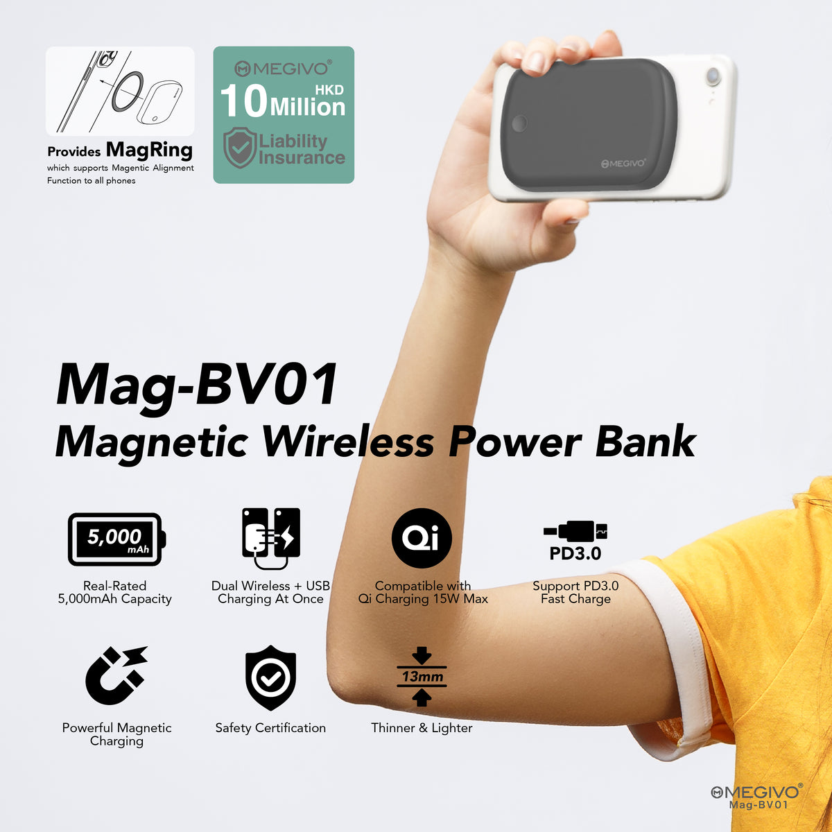 Mag-BV01 Ultra-Thin 5,000mAh 19Wh Magnetic Wireless Power Bank