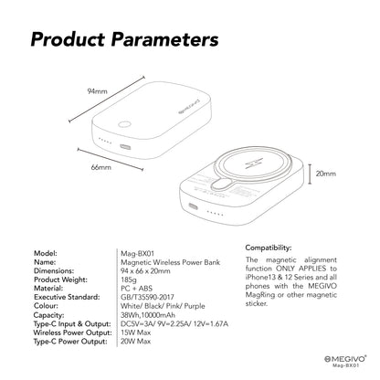 Mag-BX01 10,000mAh 38Wh Magnetic Wireless Power Bank